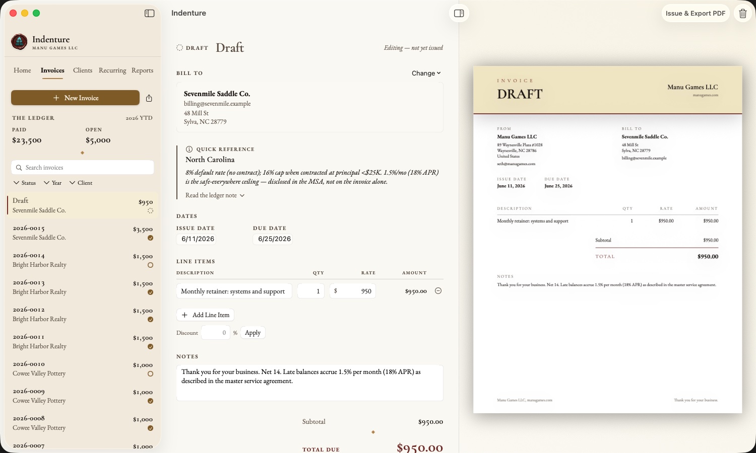 Indenture's ledger beside the invoice editor, with the finished PDF invoice rendering live as it is edited